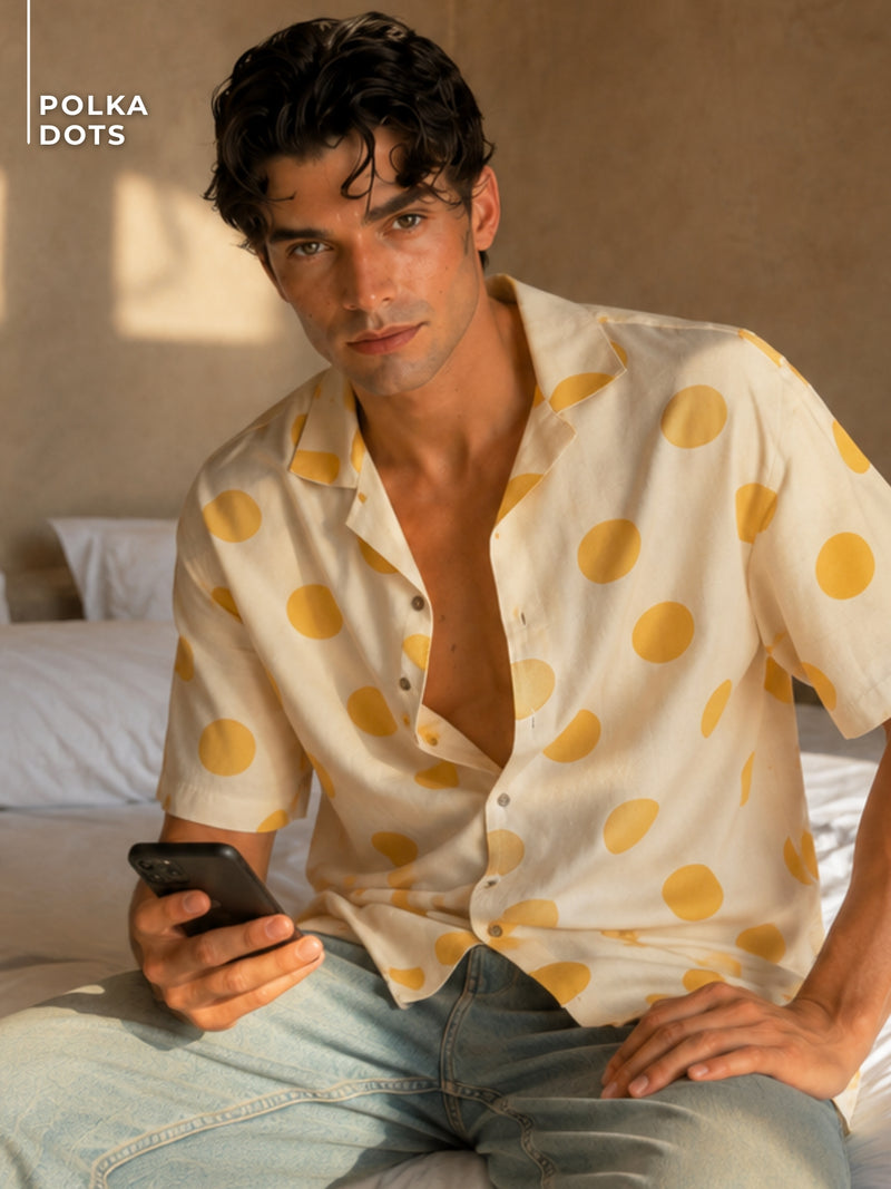 Off White & Yellow Polka Dots Drop-Shoulder Oversized Shirt