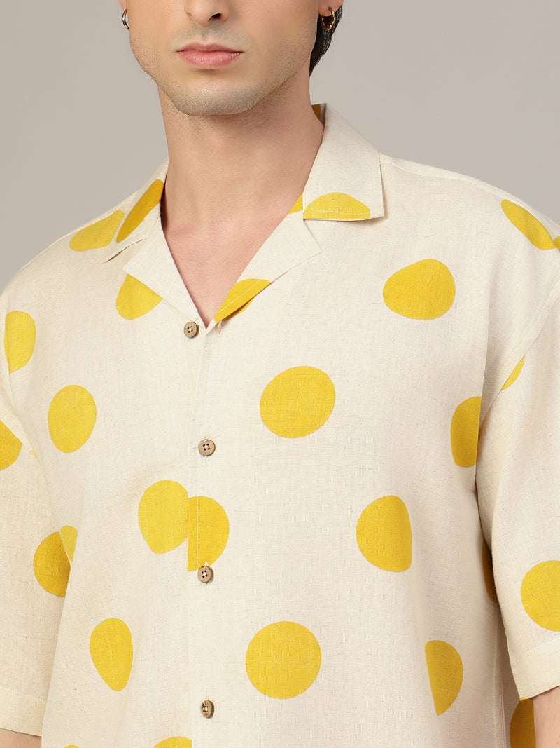 Off White & Yellow Polka Dots Drop-Shoulder Oversized Shirt