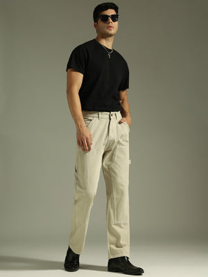 Dennison men's beige carpenter baggy fit jeans front view