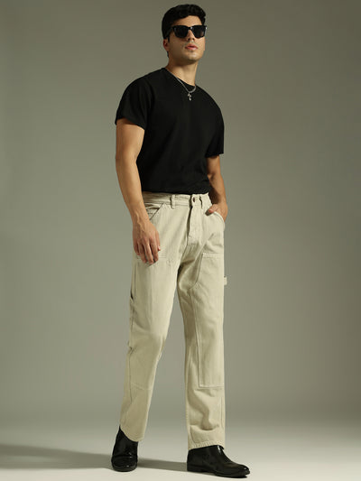Dennison men's beige carpenter baggy fit jeans front view