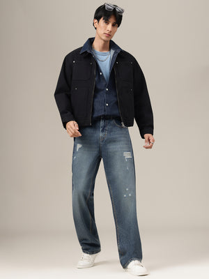 Dark Blue Distressed Light Faded Baggy Fit Jeans