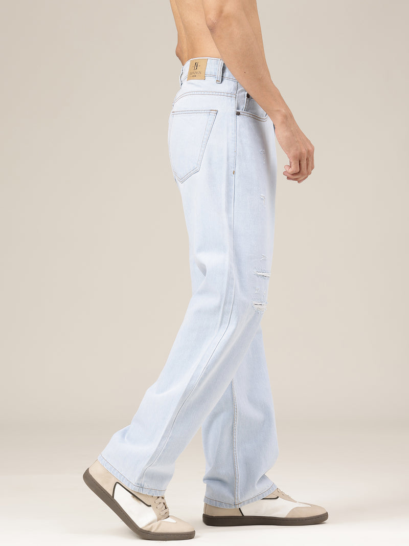 Ice Blue Distressed Baggy Fit Jeans