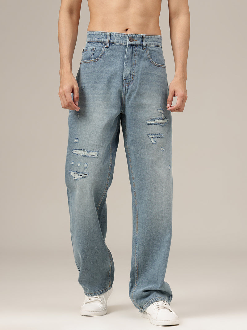 Dusty Blue Baggy Fit Distressed Light Faded Jeans