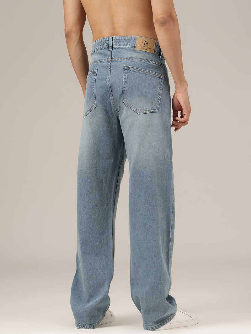 Dusty Blue Baggy Fit Distressed Light Faded Jeans