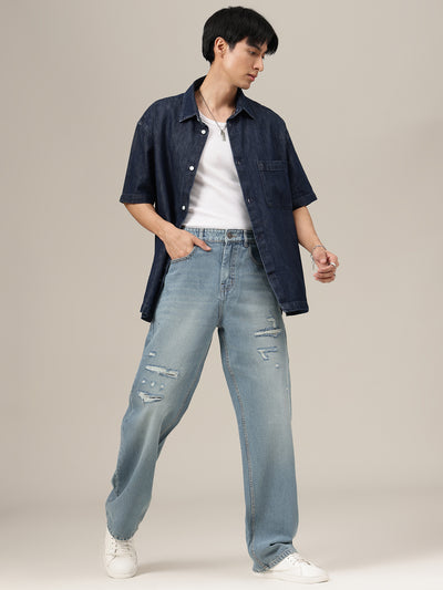 Dusty Blue Baggy Fit Distressed Light Faded Jeans