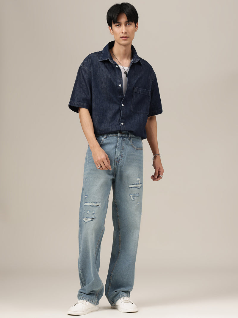 Dusty Blue Baggy Fit Distressed Light Faded Jeans