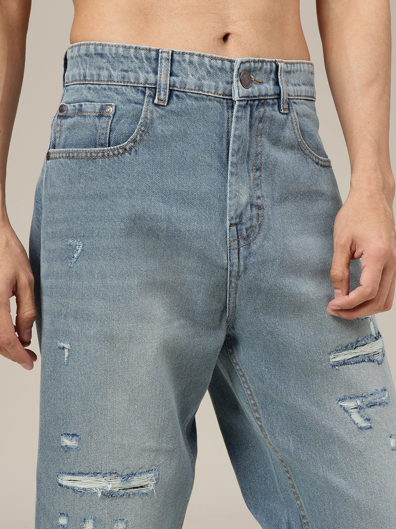 Dusty Blue Baggy Fit Distressed Light Faded Jeans