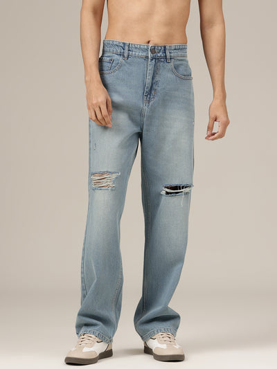 Dusty Blue Baggy Fit Highly Distressed Jeans