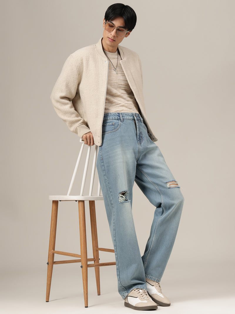 Dusty Blue Baggy Fit Highly Distressed Jeans