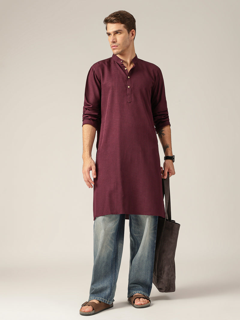 Wine: Mandarin Collar Casual Kurta