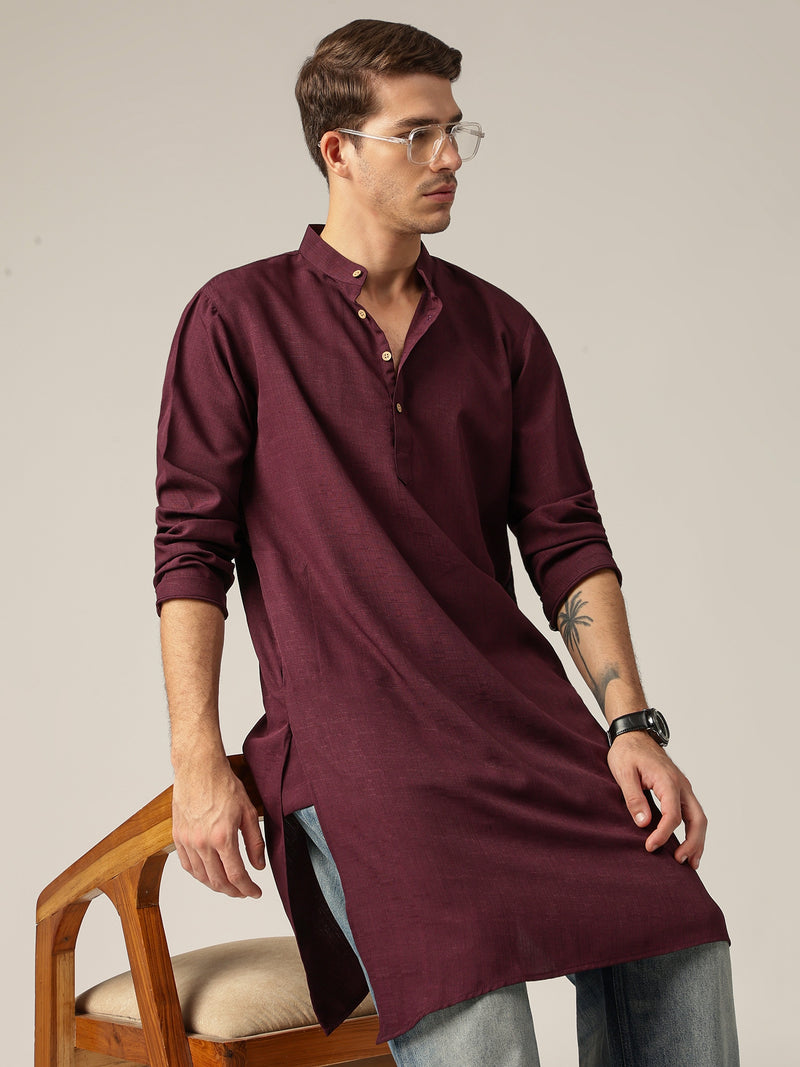 Wine: Mandarin Collar Casual Kurta