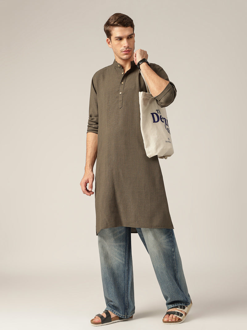 Green: Mandarin Collar Casual Kurta