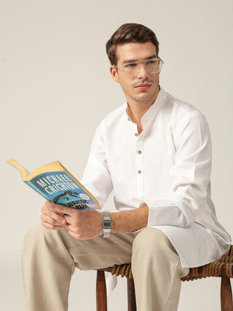 White: Mandarin Collar Casual Kurta