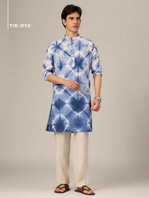 White & Blue Tie-Dye  Kurta