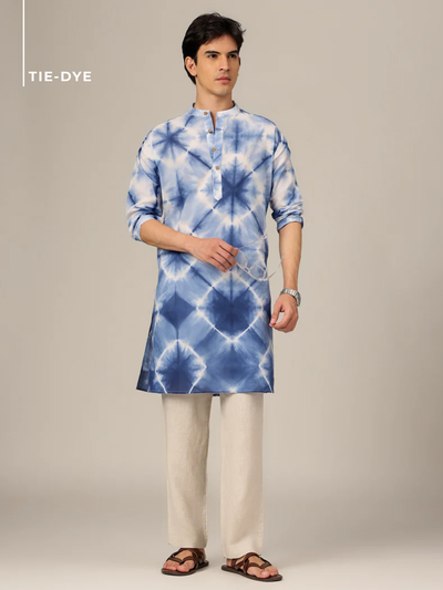 White & Blue Tie-Dye  Kurta
