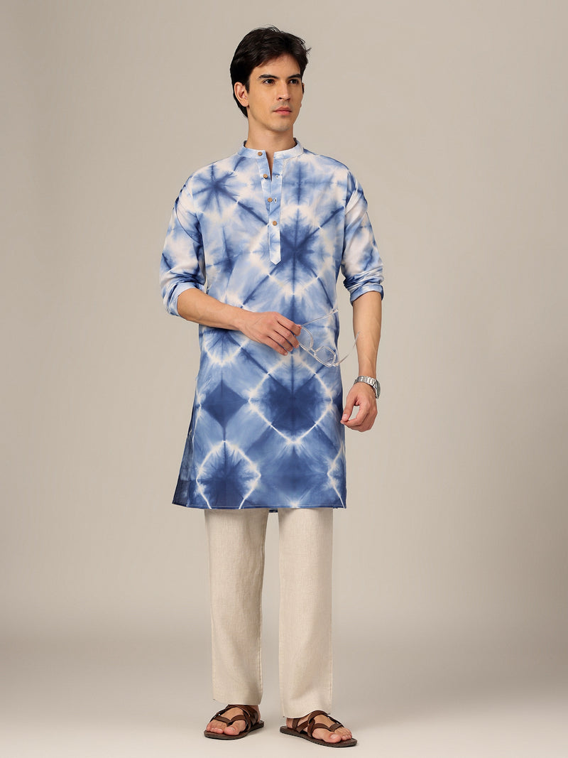 White & Blue: Tie & Dyed Mandarin Collar Kurta