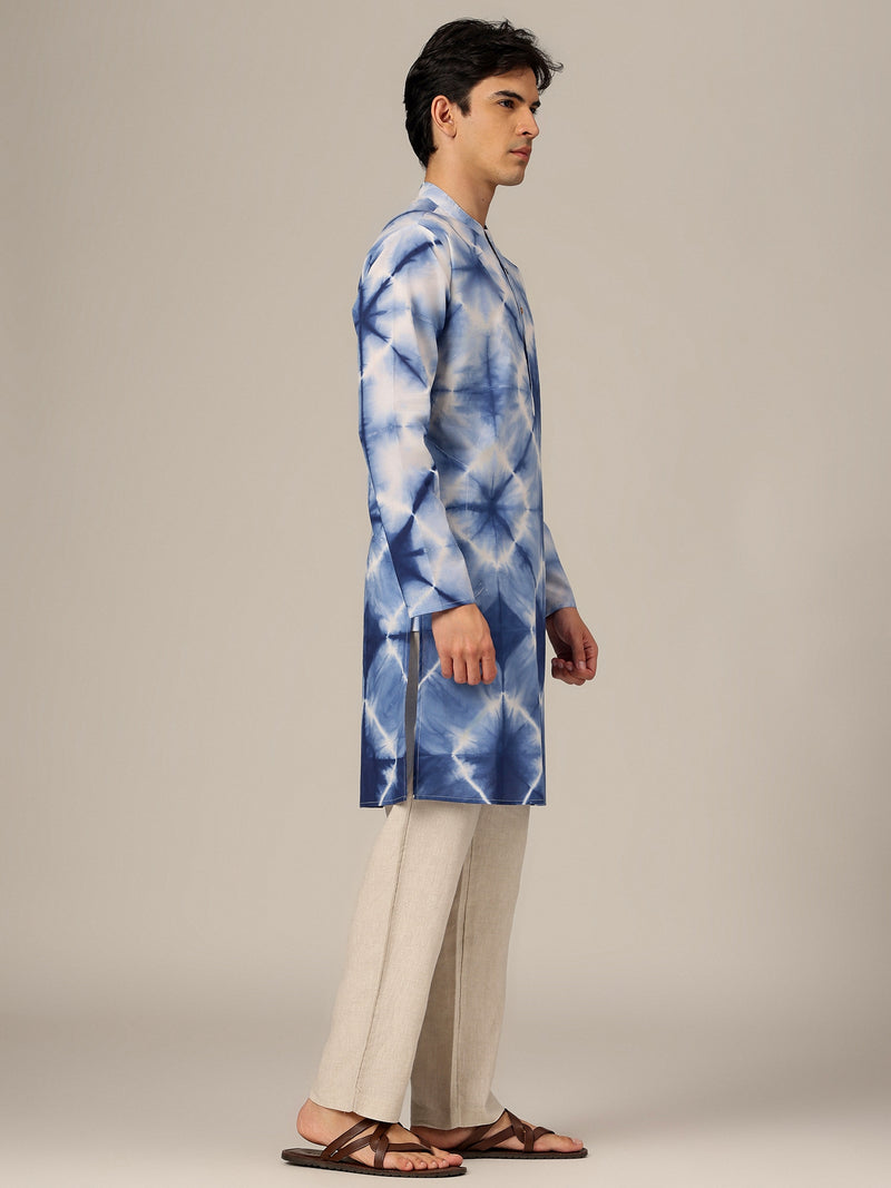 White & Blue: Tie & Dyed Mandarin Collar Kurta