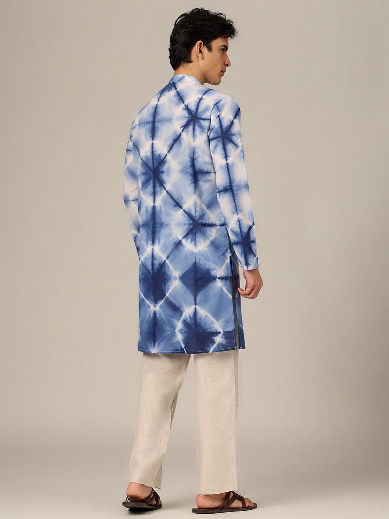 White & Blue: Tie & Dyed Mandarin Collar Kurta