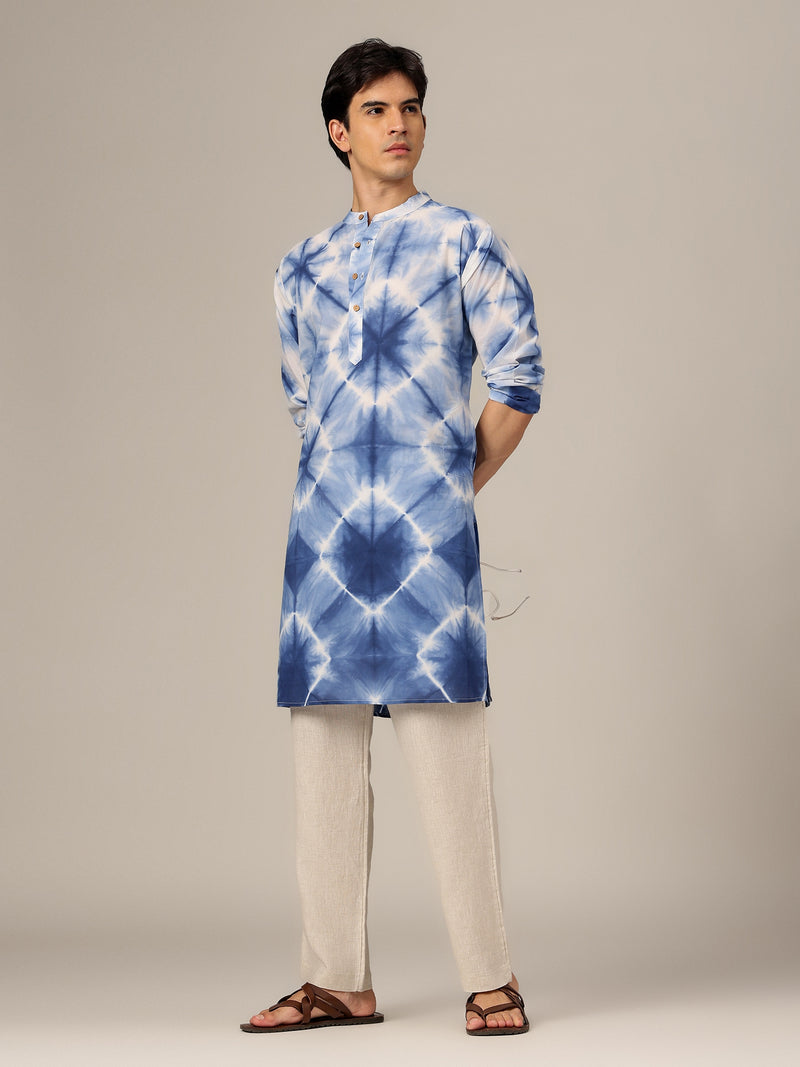 White & Blue: Tie & Dyed Mandarin Collar Kurta