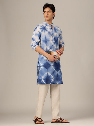 White & Blue: Tie & Dyed Mandarin Collar Kurta