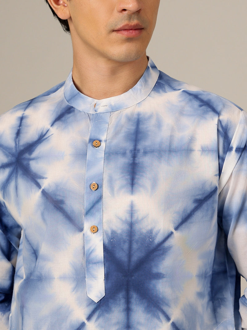 White & Blue: Tie & Dyed Mandarin Collar Kurta