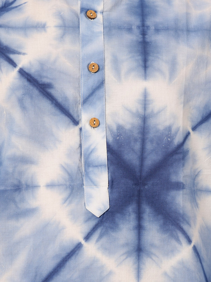 White & Blue: Tie & Dyed Mandarin Collar Kurta