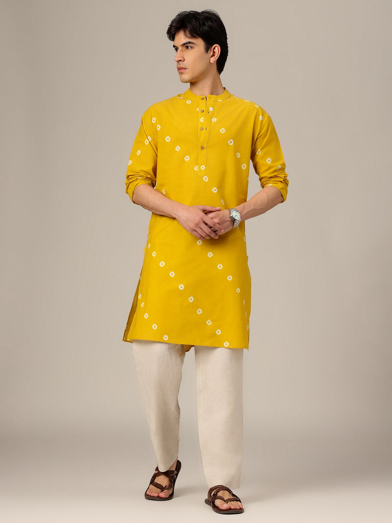 Yellow & White: Tie & Dyed Mandarin Collar Kurta