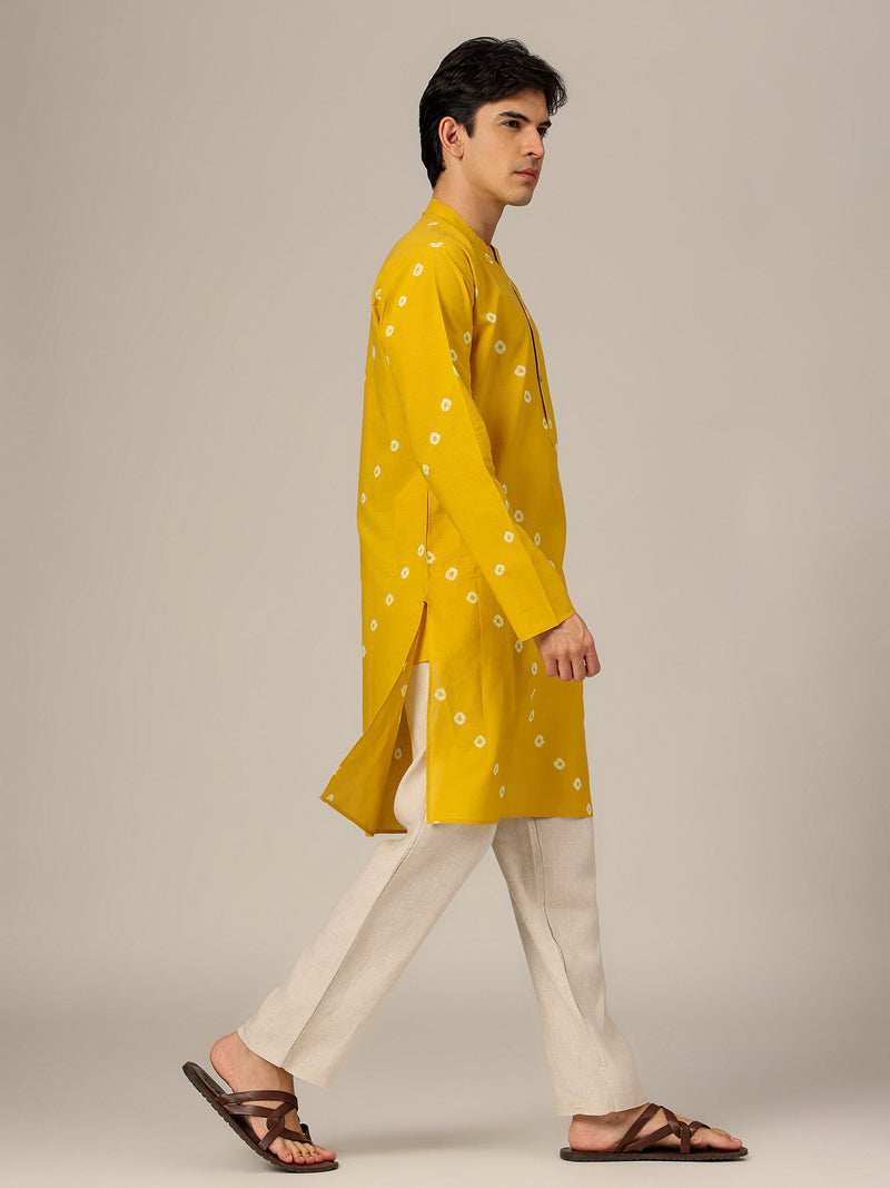 Yellow & White: Tie & Dyed Mandarin Collar Kurta