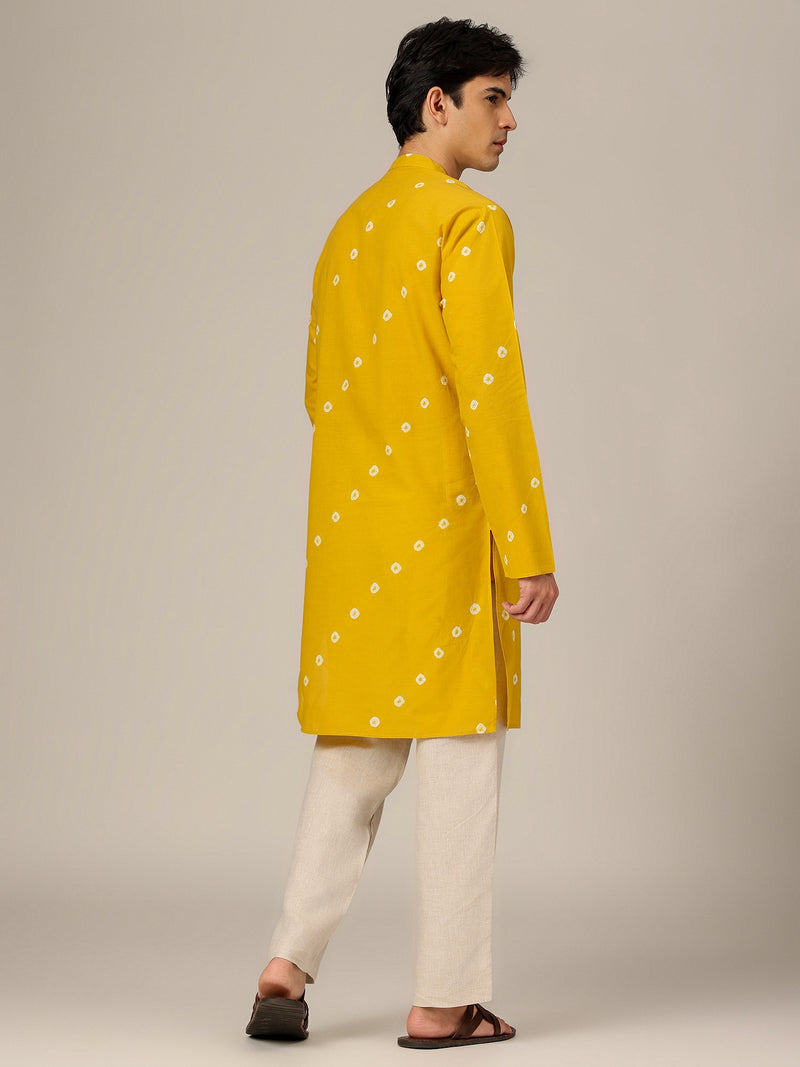 Yellow & White: Tie & Dyed Mandarin Collar Kurta