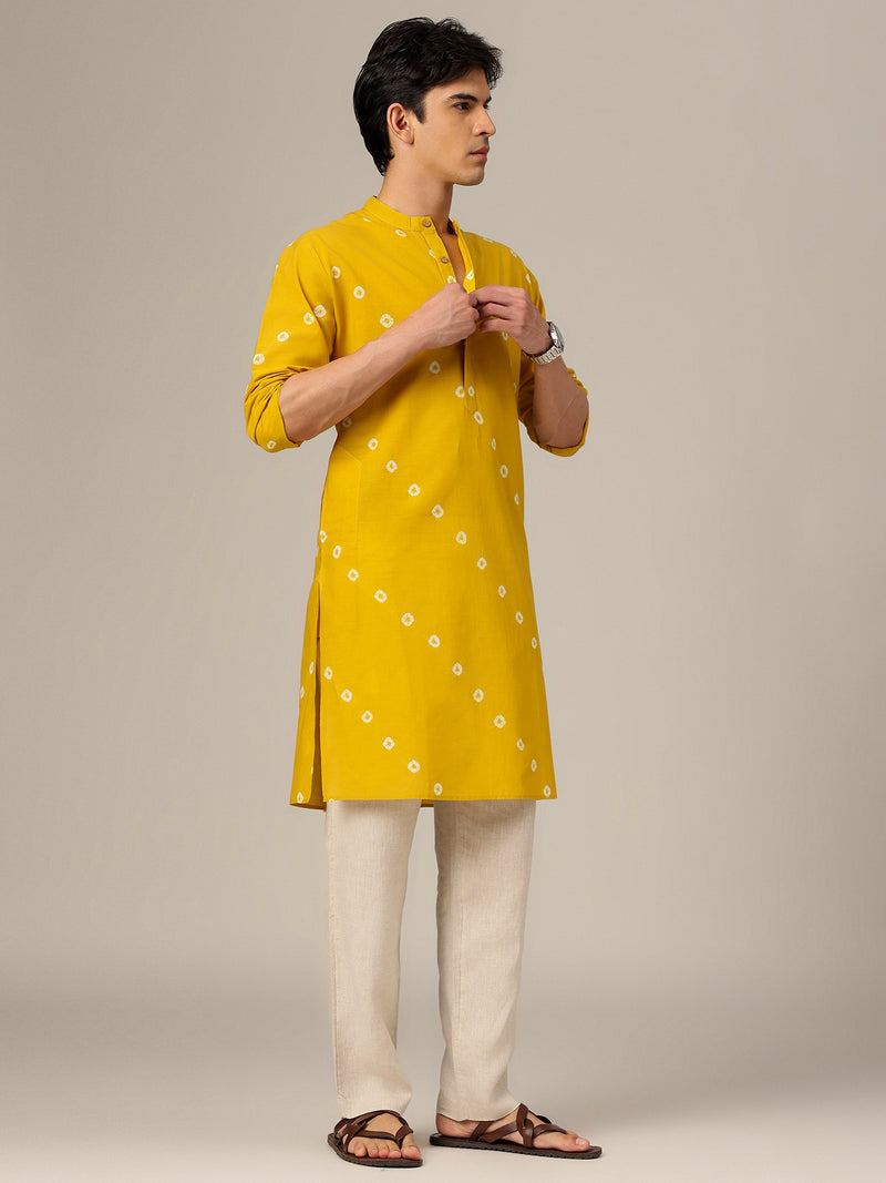 Yellow & White: Tie & Dyed Mandarin Collar Kurta