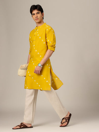 Yellow & White: Tie & Dyed Mandarin Collar Kurta