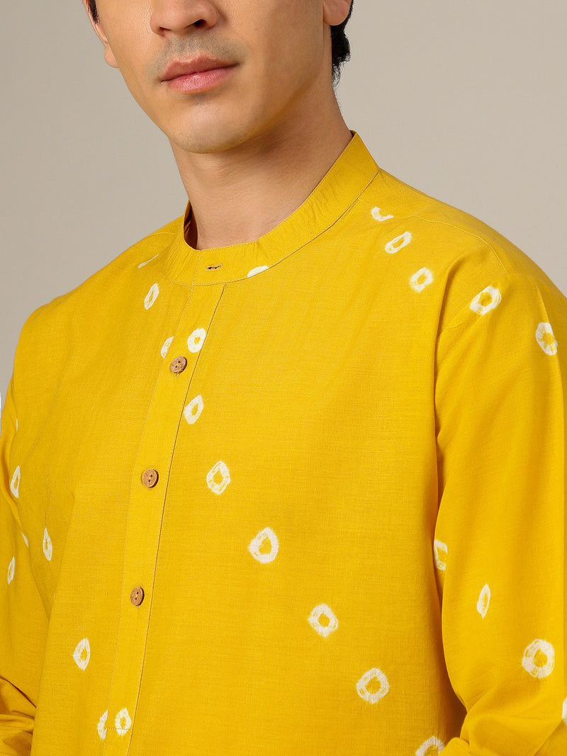 Yellow & White: Tie & Dyed Mandarin Collar Kurta