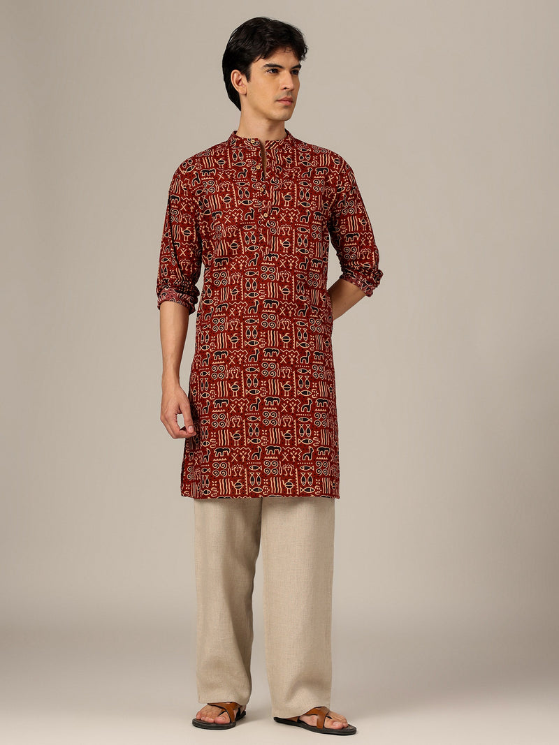 Rust: Ethnic Block Printed Mandarin Collar Kurta