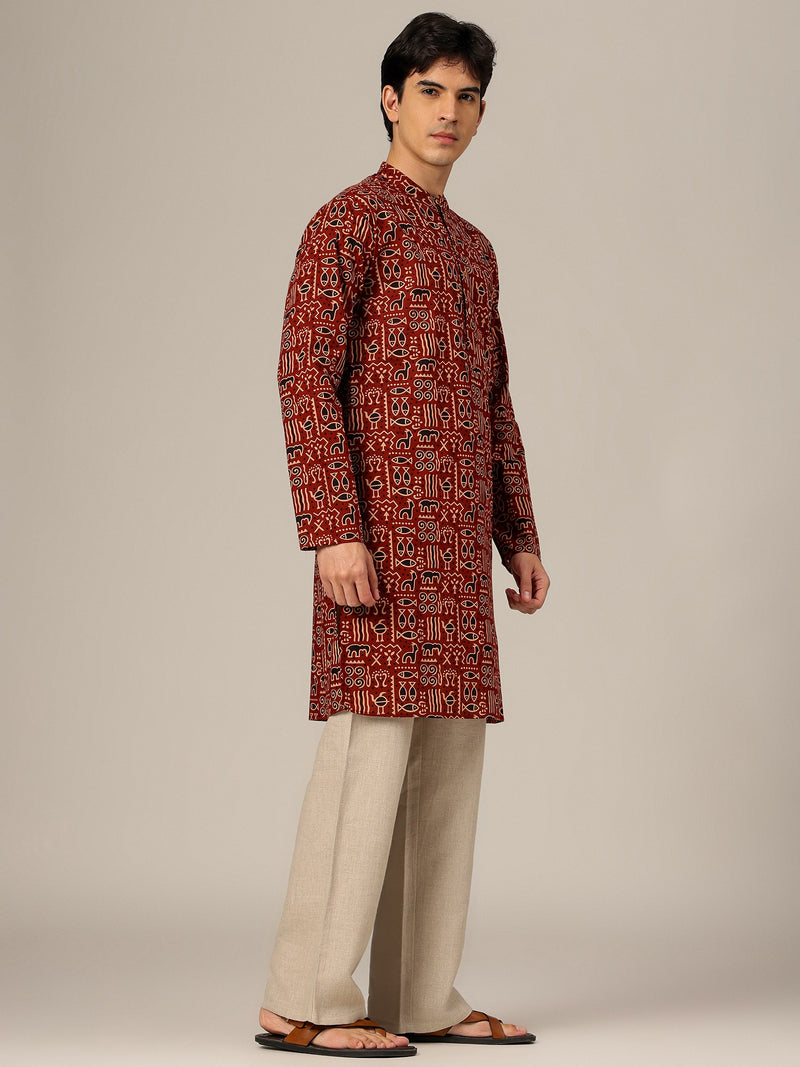 Rust: Ethnic Block Printed Mandarin Collar Kurta