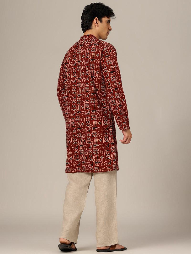 Rust: Ethnic Block Printed Mandarin Collar Kurta
