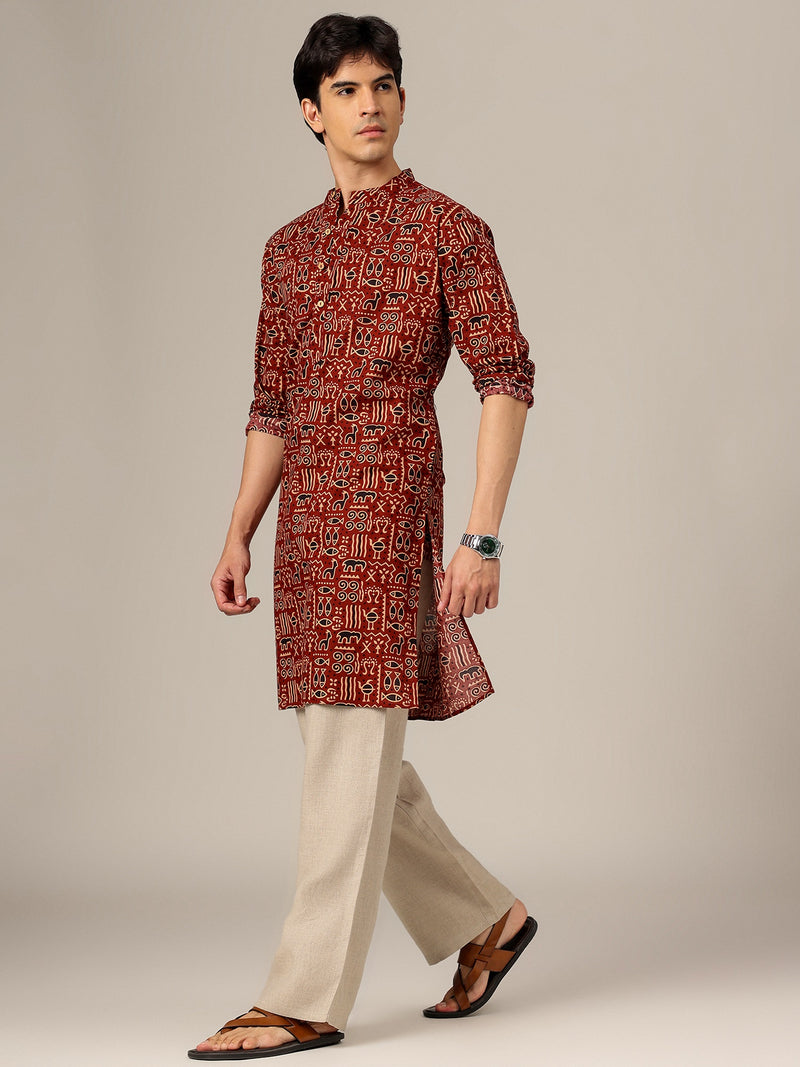 Rust: Ethnic Block Printed Mandarin Collar Kurta