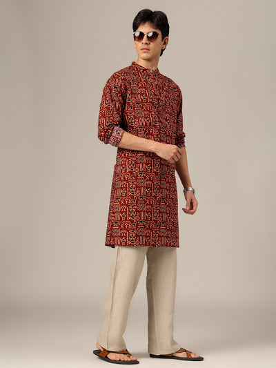 Rust: Ethnic Block Printed Mandarin Collar Kurta