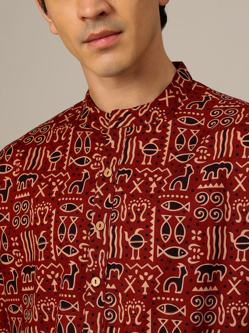 Rust: Ethnic Block Printed Mandarin Collar Kurta