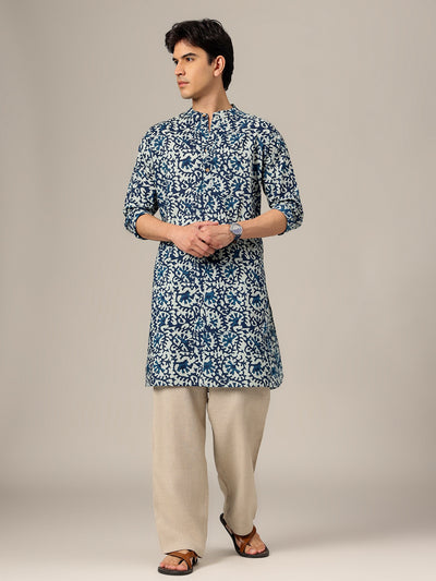 Blue: Abstract Printed Mandarin Collar Kurta