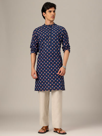 Navy Blue: Hand Block Printed Mandarin Collar Kurta