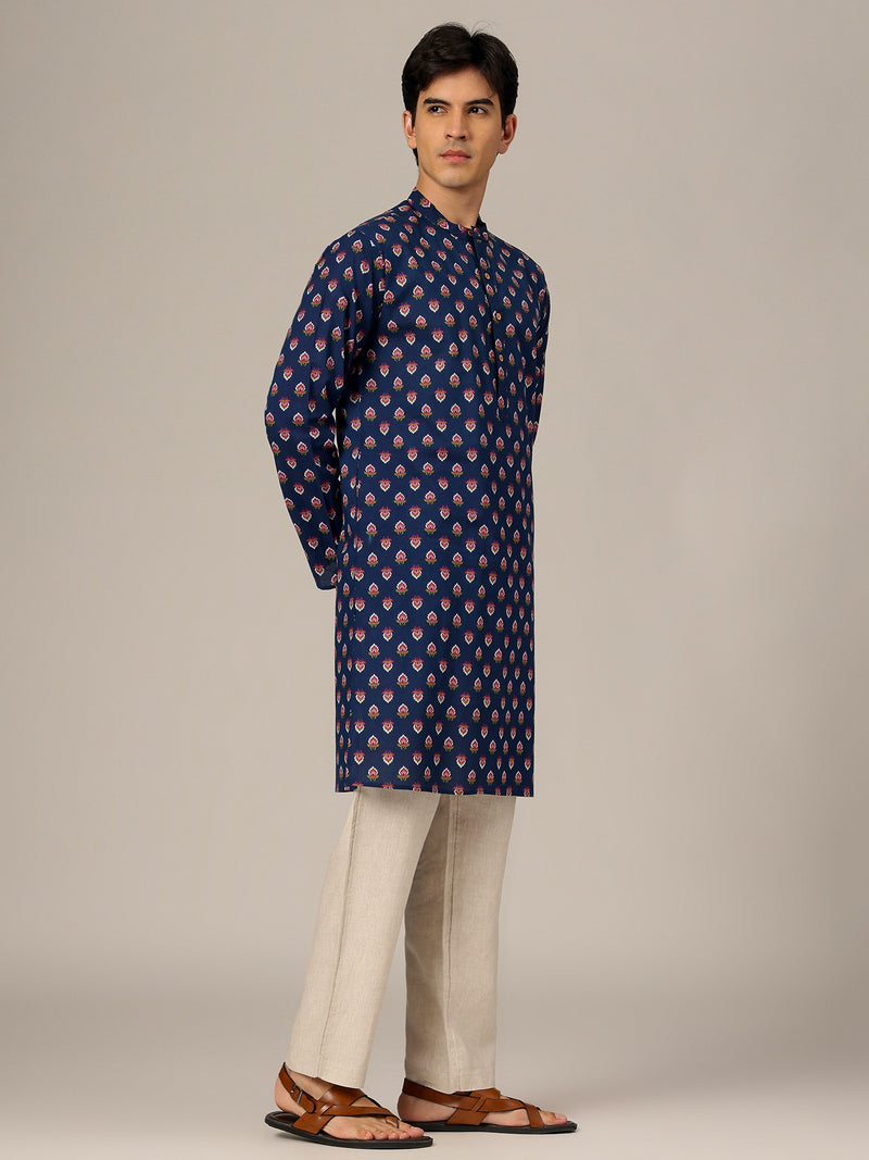 Navy Blue: Hand Block Printed Mandarin Collar Kurta