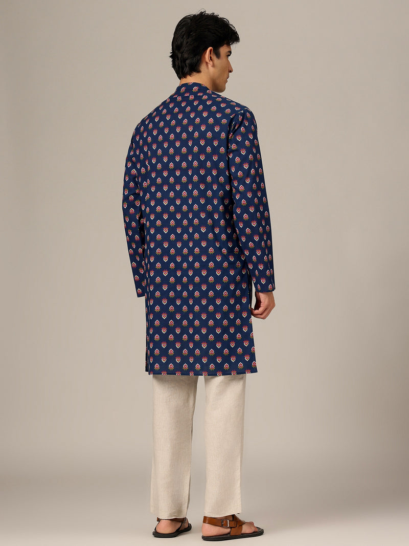 Navy Blue: Hand Block Printed Mandarin Collar Kurta