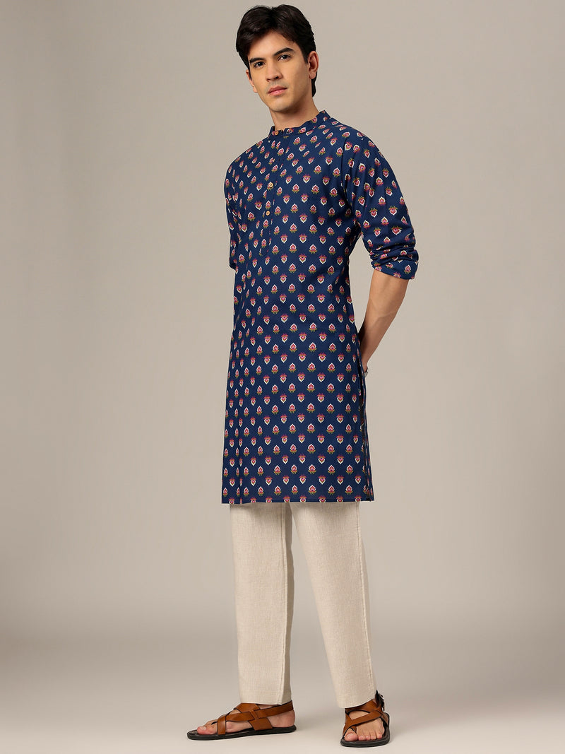 Navy Blue: Hand Block Printed Mandarin Collar Kurta