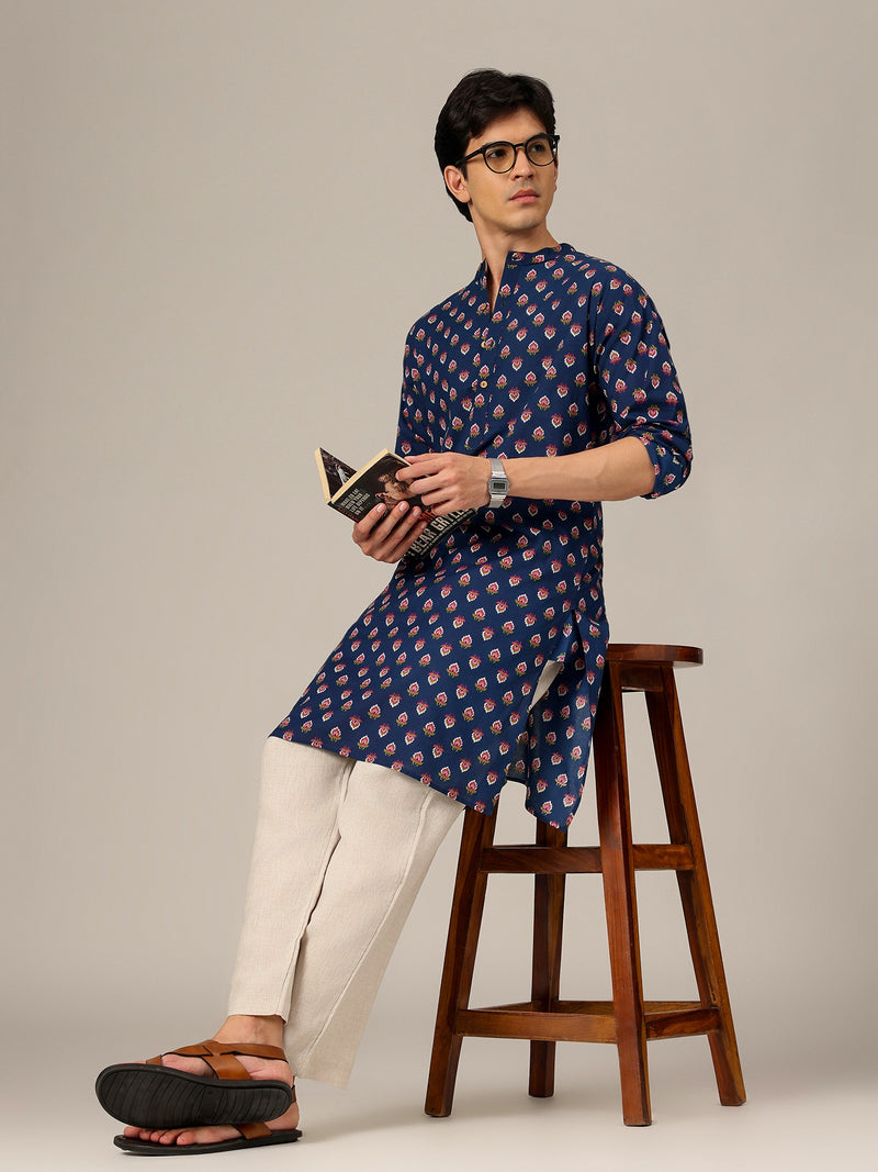 Navy Blue: Hand Block Printed Mandarin Collar Kurta