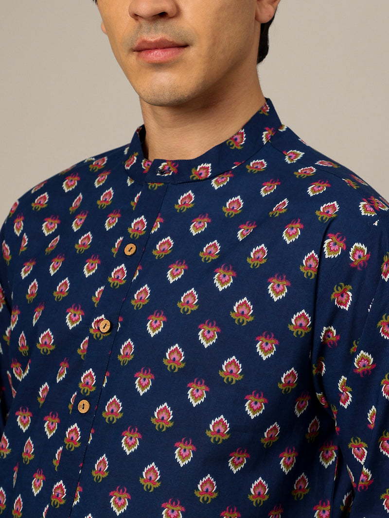 Navy Blue: Hand Block Printed Mandarin Collar Kurta