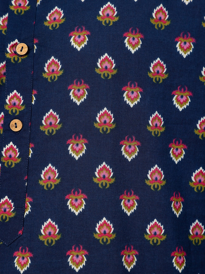 Navy Blue: Hand Block Printed Mandarin Collar Kurta