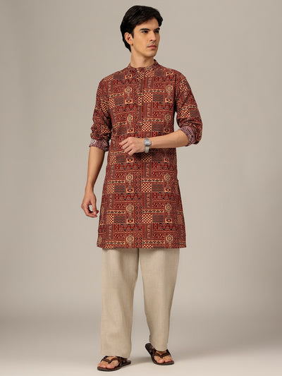 Rust: Ethnic Block Printed Mandarin Collar Kurta