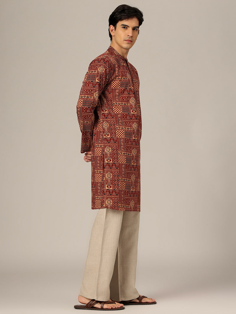 Rust: Ethnic Block Printed Mandarin Collar Kurta