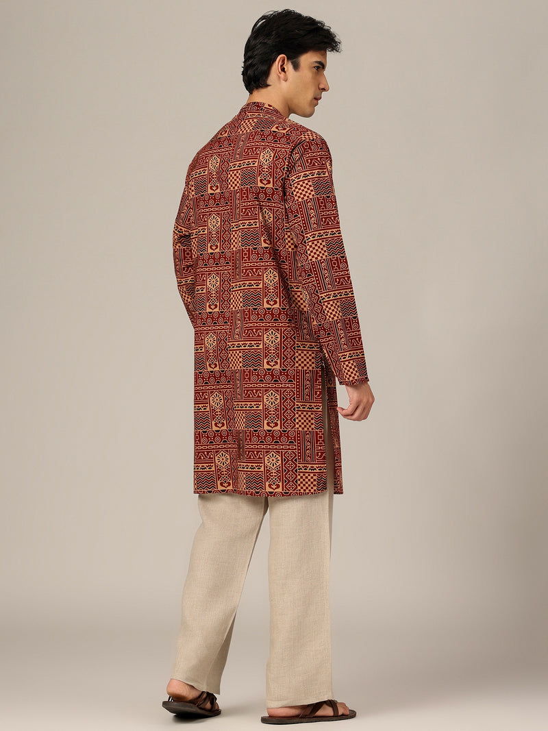 Rust: Ethnic Block Printed Mandarin Collar Kurta