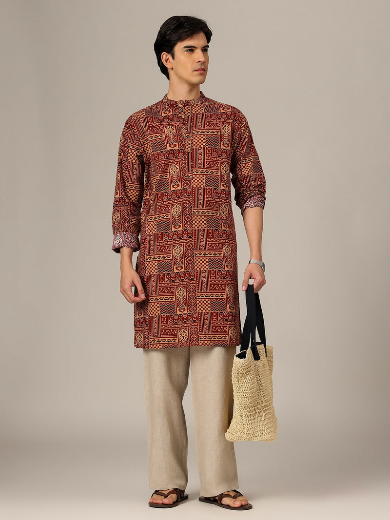 Rust: Ethnic Block Printed Mandarin Collar Kurta